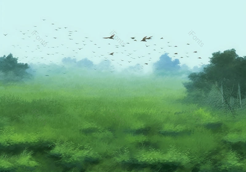 绿色草地树林天空中的鸟群,插画/手绘图,插画/手绘图库,插画/手绘图下载,插画/手绘